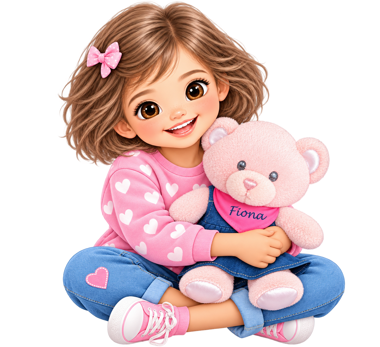 Gezeichnetes Mädchen mit personalisiertem rosa Teddy Fiona von FuersBaby