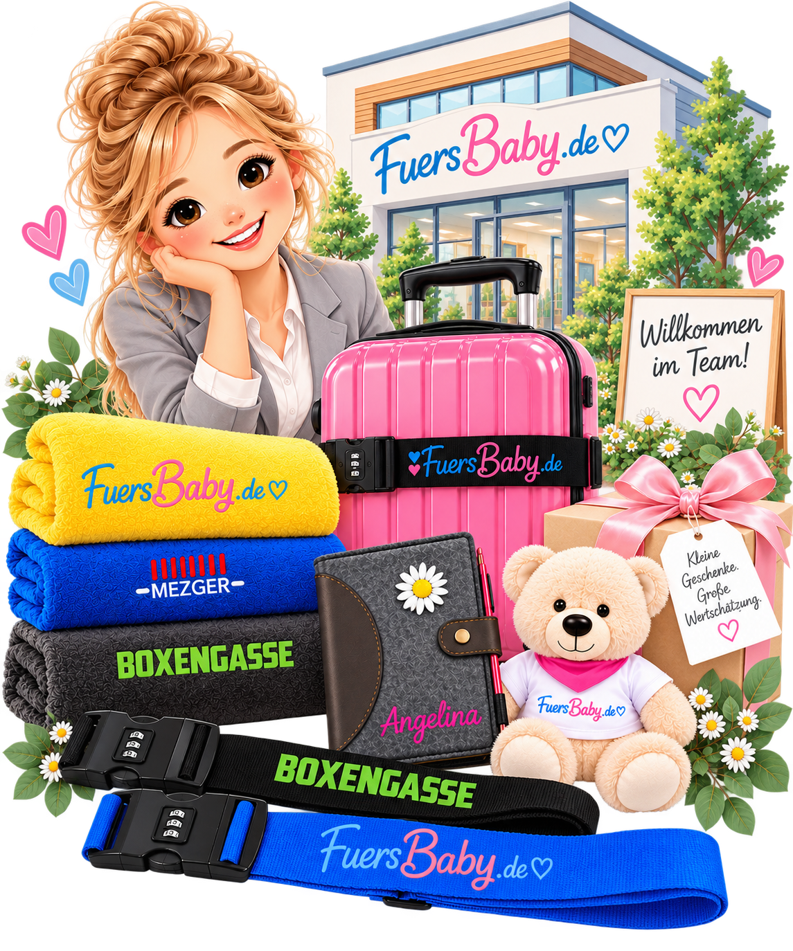 Gezeichnete Firmenszene mit personalisierten Mitarbeitergeschenken von FuersBaby