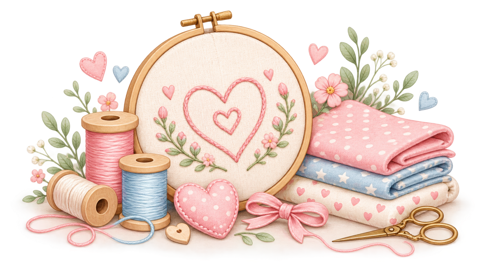 Stickrahmen mit Herz, Garn und Stoffe für die individuelle Personalisierung bei FuersBaby