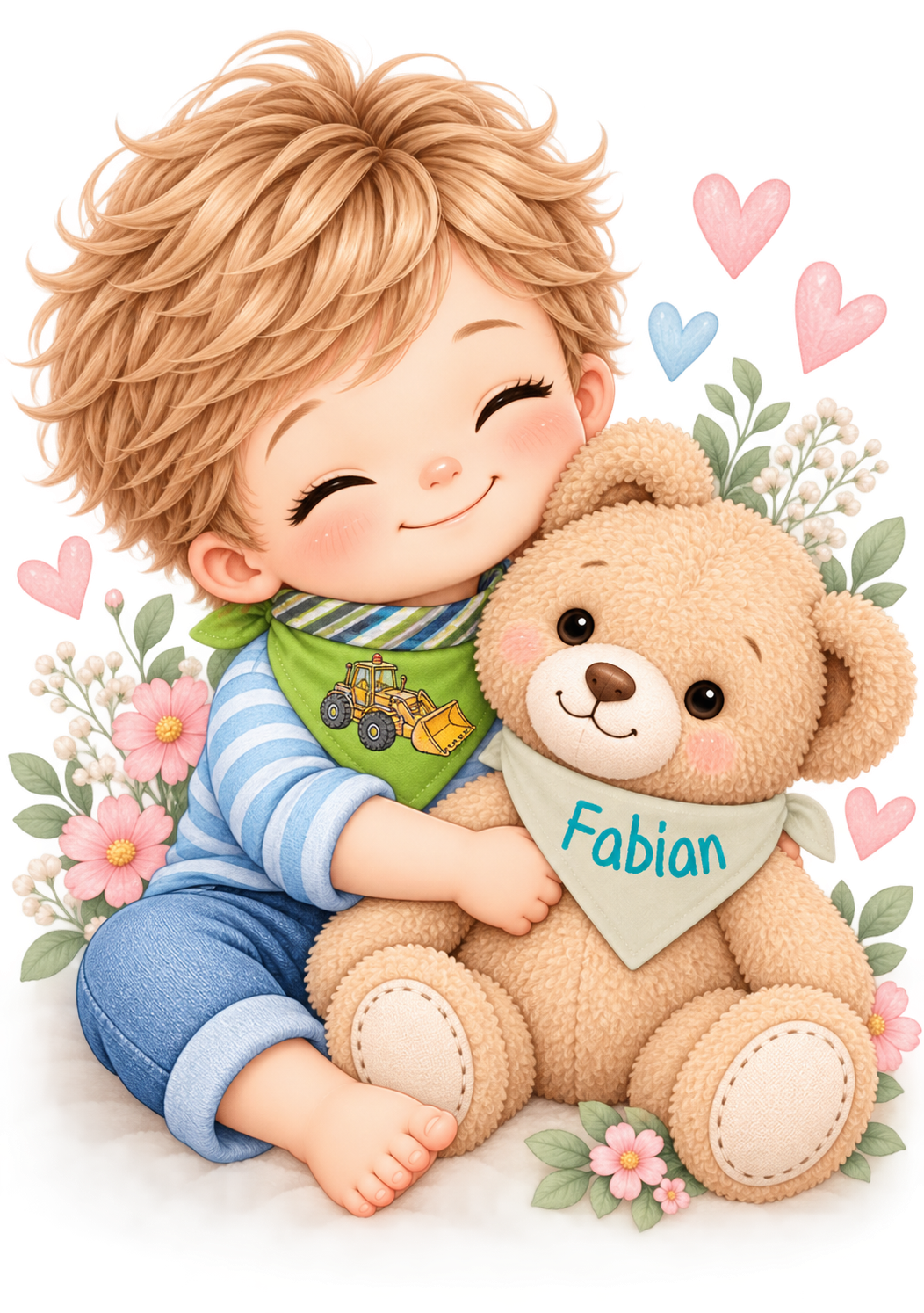Gezeichneter Junge mit personalisiertem Kuscheltier – mit Sorgfalt gefertigt bei FuersBaby
