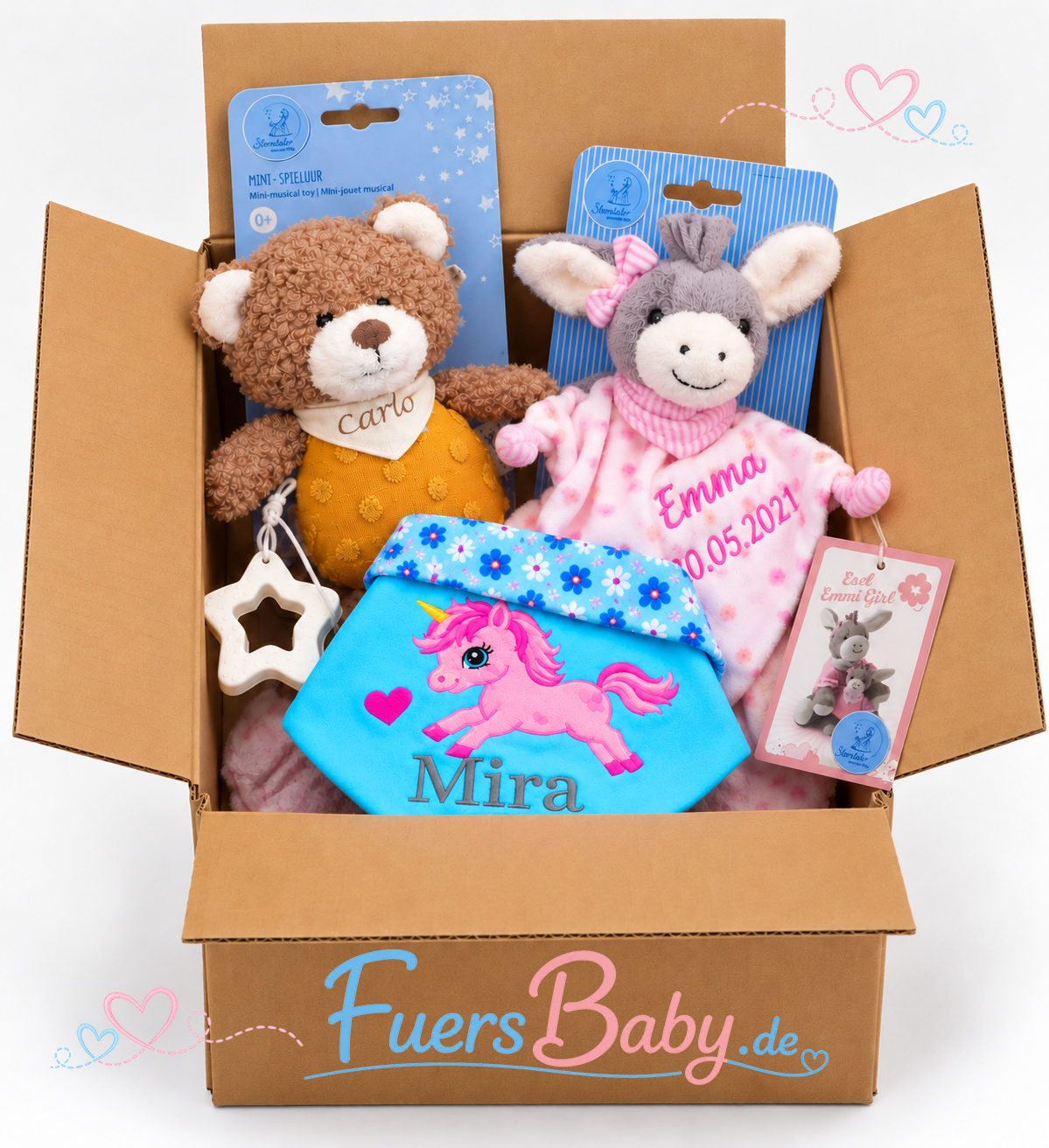 Liebevoll zusammengestellte personalisierte Geschenke von FuersBaby