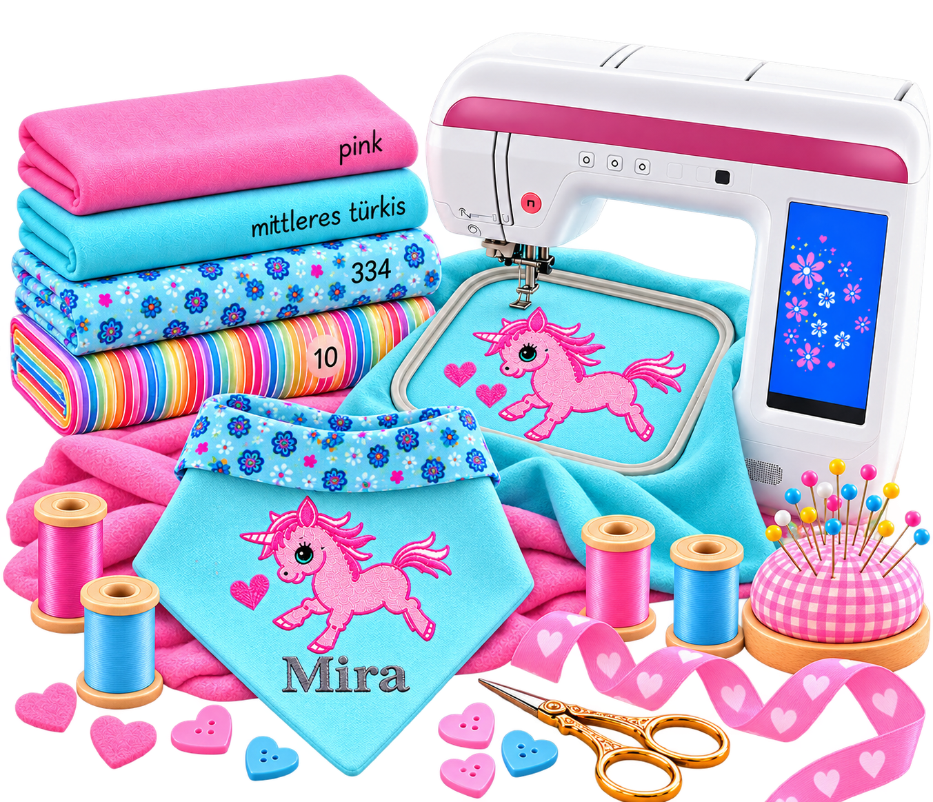 Stickmaschine mit Stoffen und personalisiertem Halstuch Mira