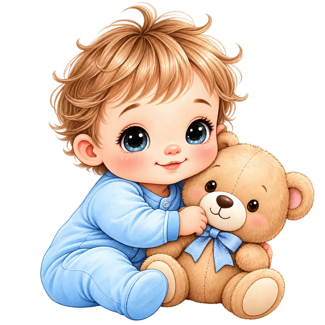 Gezeichneter Junge in blauem Strampler kuschelt mit einem Teddybären