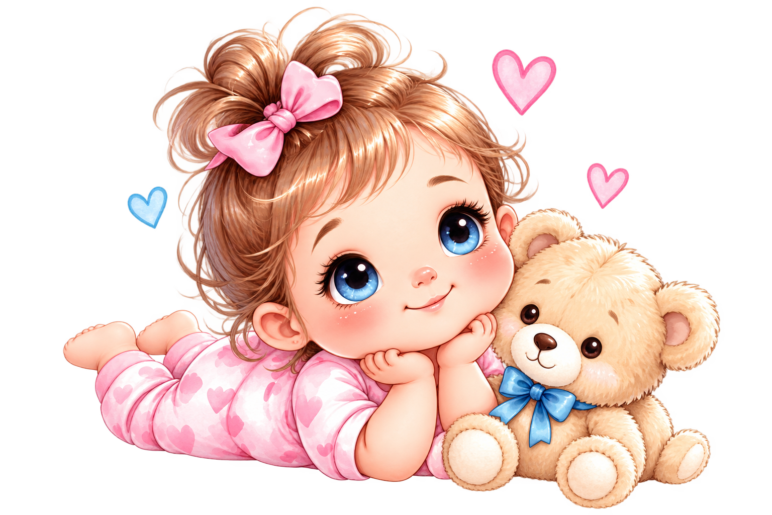 Gezeichnetes Mädchen mit rosa Schleife kuschelt neben einem Teddybären; kleine Herzen schweben um sie