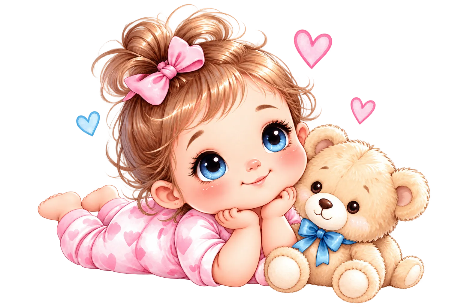 Gezeichnetes Mädchen mit rosa Schleife kuschelt neben einem Teddybären; kleine Herzen schweben um sie