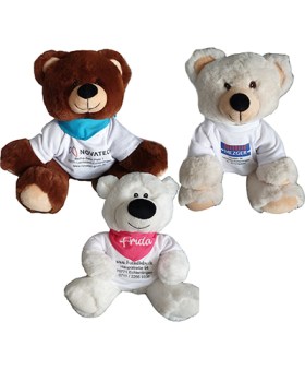 Teddy in beige und braun und Eisbaer in weiss aus recycelten Plastikflaschen- nachhaltig produziert, mit Logoshirt und Halstuch personalisiert