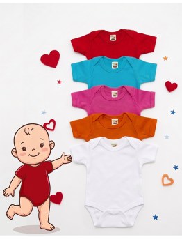 Bodys in verschiedenen Groessen in pink, orange, türkis, rot und weiss. 100 % weicher Interlock Baumwolljersey und hoher Tragekomfort für Ihr Kind.