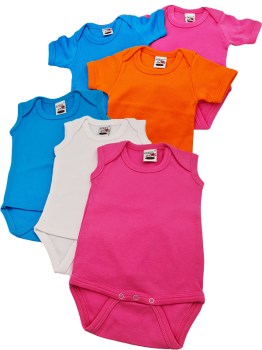Baby Bodys in verschiedenen Farben mit Kurzarm und ohne Arm.