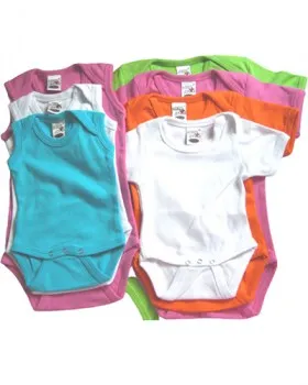 Bunte Baby Bodys in super Qualitaet- keine duenne Ware, welche sich ausleiert. Ohne Arm in tuerkis, weiss und pink und mit Kurzarm in apfelgruen, pink, orange und weiss.