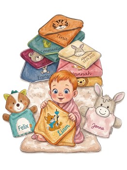 Kapuzenhandtuecher  in mehreren Farben und mit verschiedenen Motiven kindgerecht bestickt. Personalisiert mit dem Namen, in der Wunschschrift  wird es zu einem Unikat und fuer den Beschenkten ein einzigartiges Geschenk