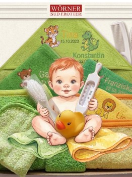 grosses 12 teiliges Geschenkset von Woerner mit Badetuechern und Waschhandschuhen in grün oder gelb in schoenem Designkarton mit Quitscheentchen in gelb