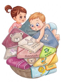 Babyhandtücher in vielen Farben und verschiedenen Motiven, wie Teddy, Hase, Eule, Einhorn, Löwe und Fuchs mit Kapuze von Woerner. Einige sind bestickt mit Namen und Geburtsdatum in der Wunschriftart und der gewuenschten Schriftfarbe