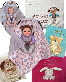 Kuschlig weiche Babydecken und Autositzdecken in verschiedenen Farben mit Namen bestickt. Andere Motive, in anderen Farben sind auch am Lager. Personalisiert mit Namen, Geburtsdatum, Groesse und Gewicht