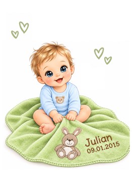 Weiche anschmiegsame Babydecke in gruen mit einem 3D Hasen. Bestickt mit dem Namen und dem Geburtsdatum. Als Geschenk mit einer weissen Satinschleife verpackt.