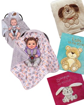 Kuschlig weiche Babydecken und Autositzdecken in verschiedenen Farben mit Namen bestickt. Andere Motive, in anderen Farben sind auch am Lager. Personalisiert mit Namen, Geburtsdatum, Groesse und Gewicht