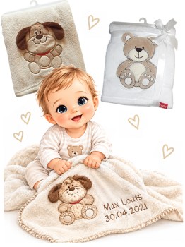 Babydecken weiss / crem / beige  bestickt mit Namen und Geburtsdatum