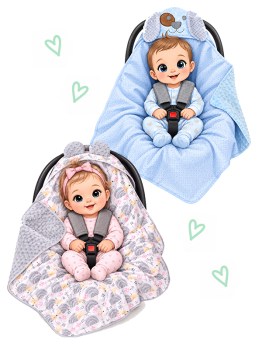 Babydecke fuer Babyschale im Auto oder Kinderwagen mit Ohren. Innen Baumwollstoff und aussen kuschliger Polyester. Durch die Schlitze, passend fuer jeden Kindersitz im Auto. Personalisiert mit Name.
