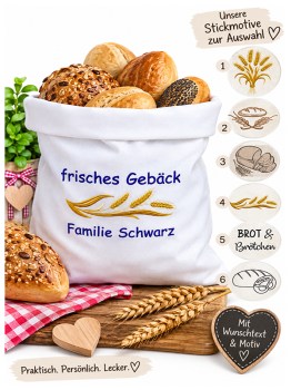 Personalisierter Brotbeutel und Brötchenbeutel mit Namen, Wunschtext und Stickmotiv