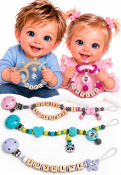 Personalisierte Greiflinge und Schnullerketten aus Holz mit Namen für Babys