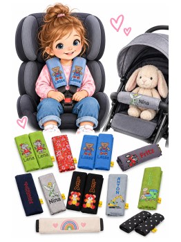 Personalisierte Gurtpolster für Auto, Kindersitz, Buggy, Kinderwagen individuell gestalten. Mit Namen und Wunschmotiv bestickt oder unbestickt handgemacht von FuersBaby.