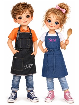 Jeans-Kinderschürzen mit Namen für Kinder von 4 bis 7 Jahren individuell bestickt