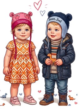 Junge mit Winterbekleidung und einer Wintermütze und ein Mädchen in Sommerkleidung mit einer Mütze mit Teddyohren und aufgedruckten Eulen. Beide Mützen sind personalisert, mit Namen bestickt.