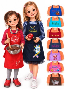 Kinderschürzen mit Namen und Motiv für Kinder von 3 bis 9 Jahren zum Kochen, Backen, Basteln und für die Schule