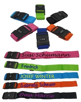 personalisiertes Kofferband mit Name in Wunschfarbe bestickt in einer selbst ausgewählten Schriftart