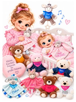 Kuschelfreunde und Spieluhren für Babys mit Namen – Auswahl an personalisierten Schmusetüchern und Kuscheltieren