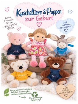 Kuscheltiere und Puppen zur Geburt mit Namen – personalisierte Teddybären und Puppe als Babygeschenk