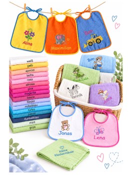 Babylatz zum Binden mit Namen personalisiert in vielen verschiedenen Farben und Spucktücher mit Wunschmotiv und Namen