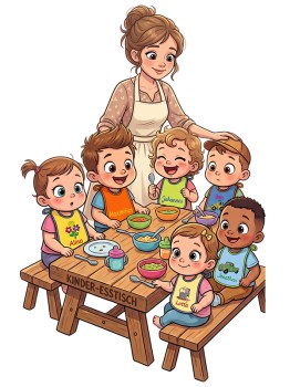 Verschiedene bestickte Lätzchen, welche Kindern um den Hals tragen und an einem Tisch sitzen.