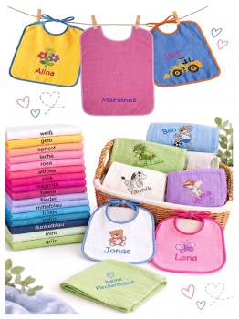 Babylatz zum Binden mit Namen personalisiert in vielen verschiedenen Farben und Spucktücher mit Wunschmotiv und Namen