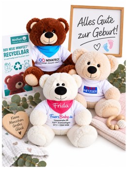 Mitarbeitergeschenk zur Geburt mit personalisierten Recycling-Bären als Babygeschenk für Firmen