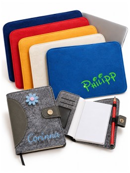 Personalisierte Notizbücher und Laptophüllen aus Filz mit Namen