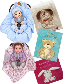 Kuschlig weiche Babydecken und Autositzdecken in verschiedenen Farben mit Namen bestickt. Andere Motive, in anderen Farben sind auch am Lager. Personalisiert mit Namen, Geburtsdatum, Groesse und Gewicht