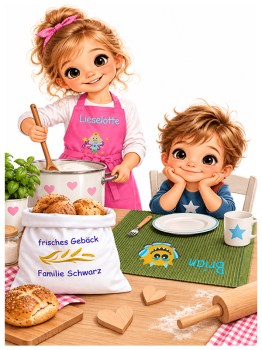 Personalisierte Geschenke für Tisch und Küche mit Schürze, Platzdeckchen und Brotbeutel