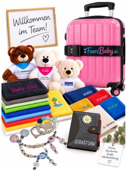 Personalisierte Mitarbeitergeschenke für Unternehmen mit Handtüchern, Notizbuch, Firmen-Teddys und Koffergurt – ideal für Onboarding und Teams