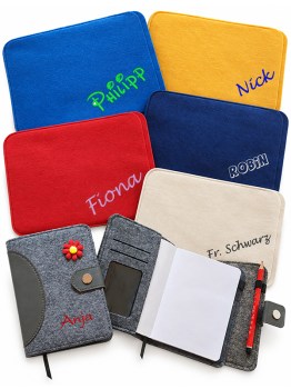 Personalisierte Mitarbeitergeschenke mit Namen – Laptop-Hüllen und Notizbuch aus Filz