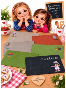Personalisierte Platzdeckchen und Tischsets mit Namen und Stickmotiv aus Stoff und Filz