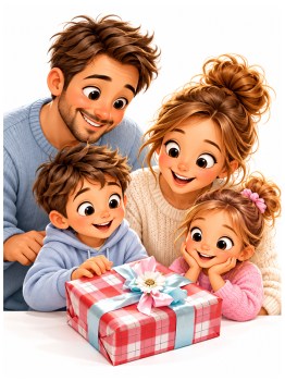 Familie mit Geschenk – Praktisches und Persönliches für Groß und Klein
