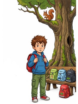 Kinderrucksäcke in verschiedenen Farben mit Motiv und Name bestickt, getragen von einem Jungen, welcher im Wald läuft.