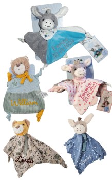 Die Lieblinge von Sterntaler fuer ihre Lieblinge. Kuschelt doch einmal mit Schaf Stanley, Esel Erik, Esel Emmi Girl oder Lama Lotte, bestickt mit dem Namen und dem Geburtstag