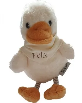 Sterntaler Spieluhr Edda mit Name auf einem Halstuch in Wunschfarbe gestickt