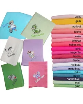personalisiertes Spucktuch mit Name und Wunschmotiv bestickt in vielen schoenen Farben