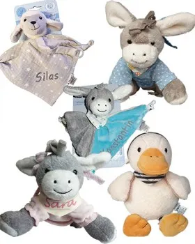 Sterntaler Helden von gestern und heute. Schaf Stanley, Esel Emmi, Esel Erik, Esel Emmi Girl und Ente Edda, kuschlig weich zum schmusen, personalisiert mit Namen