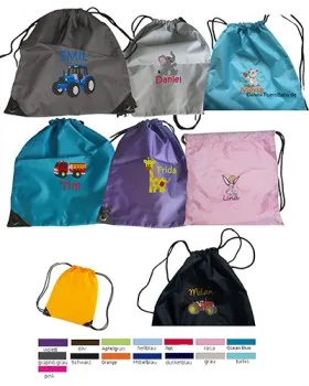 Rucksack Beutel bestickt mit Name und einem Wunschmotiv fuer Schule und Kindergarten