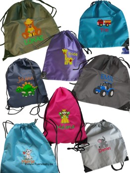Rucksack Beutel bestickt mit Name und einem Wunschmotiv fuer Schule und Kindergarten