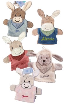 Waschlappen von Sterntaler. 2 in 1 Waschhandschuh und Handpuppe, da macht waschen Spass. Esel Emily und Schaf Stanley sind mit dem Namen personalisiert, Emilius darf gern von ihnen personalisiert werden