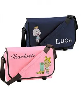 personalisierte Wickeltasche in den Farben rosa und schwarz mit Babymotiv und Name bestickt